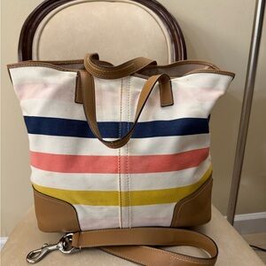 Coach Multicolor Striped Tote with Tan Leather